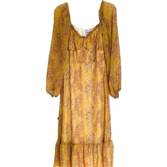 Piper and Scoot Yellow Shimmer Floral Long Sleeve Midi Dress Size Medium - Picture 12 of 12